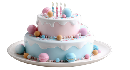 A two - tiered birthday cake with pastel colors, candles, macarons, and decorations, perfect for a celebration.