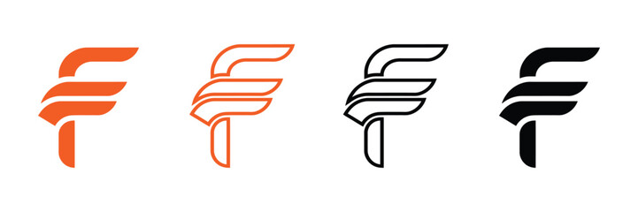 Abstract F letter mark logos in black, outline and light blue versions,Elegant initial letter F logos in black, outline, and blue design set,Elegant letter f logo design isolated,