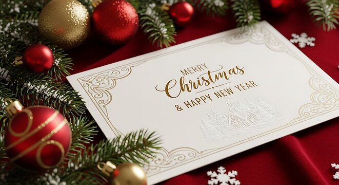 A festive Christmas card with ornate gold lettering sits among pine branches, red and gold baubles, and snowflakes on a red velvet cloth.
