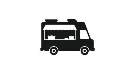 Simple black silhouette of a food truck with an awning and windows on a white background silhouette