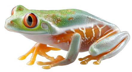 A vibrant green tree frog with striking red eyes and distinct colorful patterns, showcasing its unique and beautiful appearance in nature.