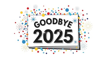 A festive image with the text 'Goodbye 2025' on a white book, surrounded by colorful confetti and fireworks.