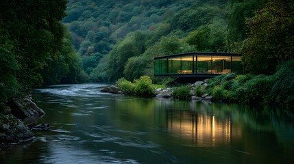 Obraz premium Modern glass house nestles beside a flowing river surrounded by lush green forest.