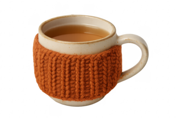 Warm tea mug with knitted cozy sleeve, transparent background