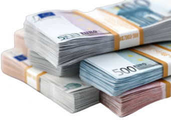 Image shows multiple stacks of 500 euro banknotes, representing financial aspects and monetary resources.