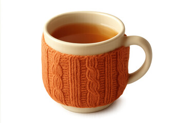Warm tea mug with orange knitted cozy feeling comfort