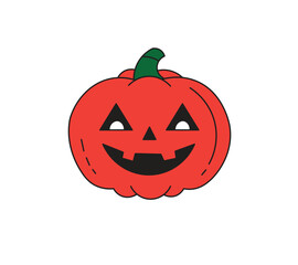 Scary red pumpkin jack-o'-lantern with an evil face glowing in the dark for the Halloween holiday in October