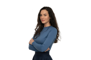 Woman with long dark curly hair isolated on transparent background