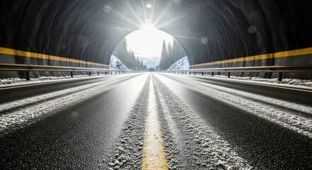 light at the end of this tunnel - A winter tunnel scene showcasing freshly laid snow on a winding road, with sun rays streaming through the opening at the end, bordered by evergreen trees