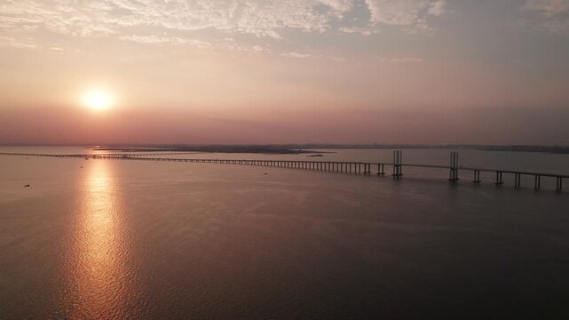 Sunset over Qingdao Jiaozhou Bay Cross-Sea Bridge