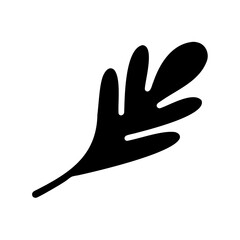 Stylized silhouette illustration of a lobed leaf with stem in black and white