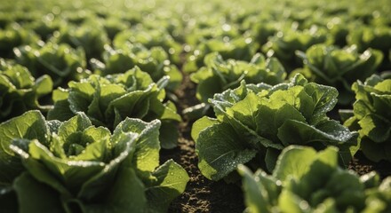 Vibrant green lettuce plants in an organic farm field, covered in sparkling morning dew and bathed in warm golden hour sunlight, creating a fresh and natural agricultural scene with beautiful bokeh.