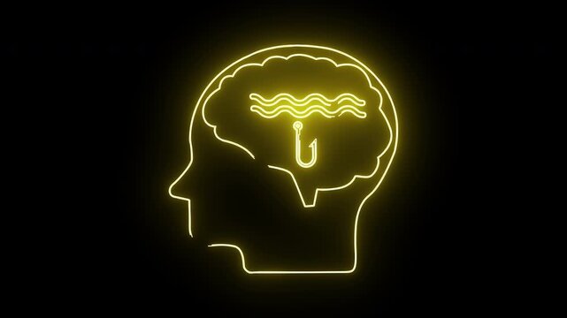 Neonyellow outline of a head profile containing a brain shape with waves and a fishhook inside