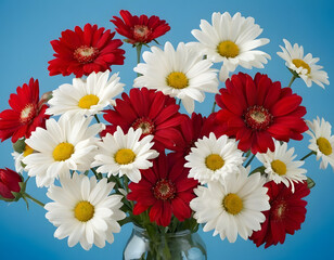 A beautiful bunch of red and white flowers on a blue background, an abstract background with text space.