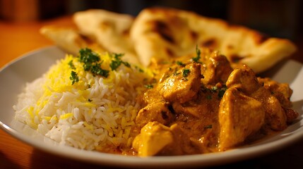 Delicious chicken curry with rice and flatbread is ready to serve.