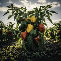 Vibrant Red, Yellow, and Green Peppers on a Dew-Kissed Plant in a Lush Farm Field