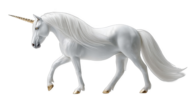 A white unicorn with long flowing mane and golden horn, depicted in a graceful pose, symbolizing fantasy and magic.