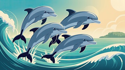 Naklejka premium Playful Dolphins Jumping Through Waves in a Vibrant Seascape