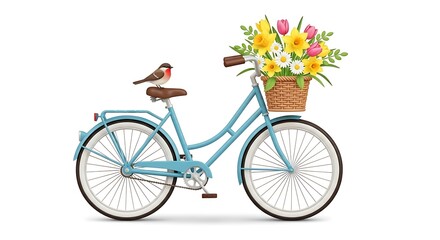 Fototapeta premium A light blue vintage bicycle with a wicker basket full of spring flowers and a small robin perched on the seat, isolated on a white background.