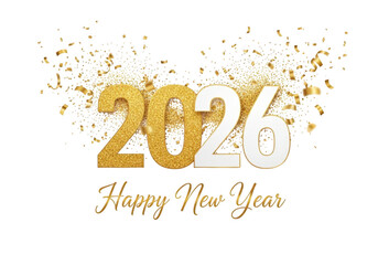 Golden 2026 happy new year text with sparkling confetti isolated on transparent background