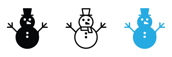 Three snowman icons bringing festive holiday cheer for winter celebrations,Snowman icon set isolated on white background for winter and christmas