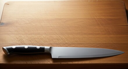 Chef's Knife on Wooden Cutting Board: Culinary Tool, Sharp Blade, Close-up.