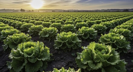 Vibrant green lettuce plants growing in neat rows across an expansive agricultural field, illuminated by the warm, golden light of sunrise or sunset under a serene sky, highlighting fresh produce.