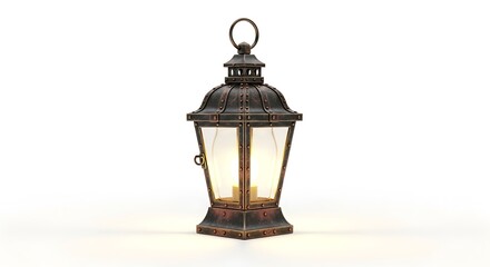 Obraz premium Illuminated Antique Lantern with Soft Warm Glow on a White Background, Vintage Decorative Lighting