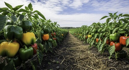 Vibrant Pepper Harvest: Colorful Red, Yellow, Green, and Peppers Growing on Plants in an Expansive Agricultural Field Under a Bright Blue Sky