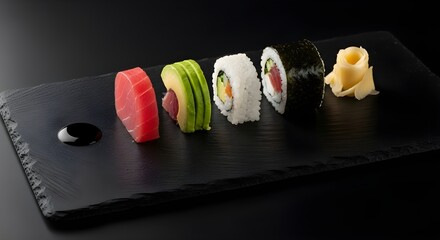fresh assorted sushi rolls sashimi dark slate board