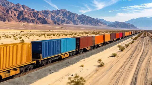 Long freight train with colorful containers traveling through a desert landscape.