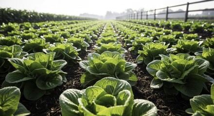 Fresh Romaine Lettuce Field at Sunrise, Dew-Kissed Green Plants Growing in Neat Rows on an Organic Agricultural Farm