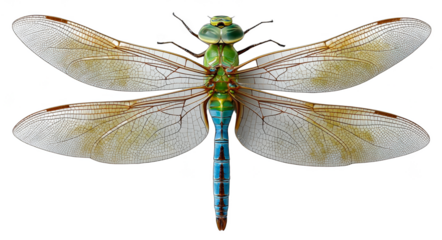 A close-up image showcases a dragonfly with vibrant green body and transparent wings adorned with brown veins.