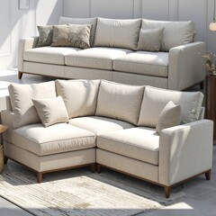 Light beige sectional and sofa set in a modern, bright interior