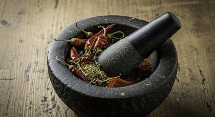 Rustic stone mortar and pestle with dried red chili peppers, aromatic herbs, and chili powder on a textured wooden table for culinary spice preparation.