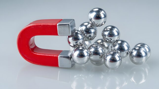 Red horseshoe magnet attracting shiny metal spheres on a light background.