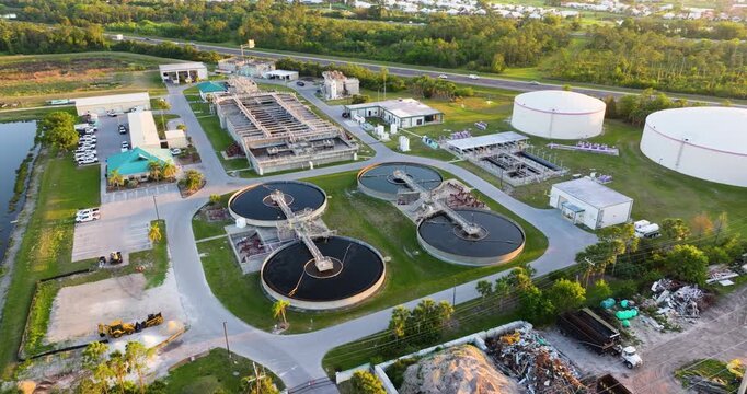 Water treatment facility at city wastewater cleaning plant. Purification process of removing undesirable chemicals, suspended solids and gases from contaminated liquid.