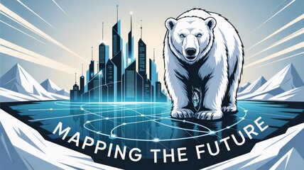 Polar Bear in Futuristic Cityscape with Mapping Elements