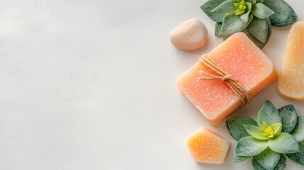 Natural soap with succulents on a clean surface.