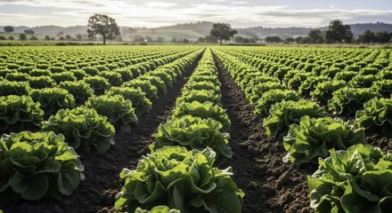 Sunlit rows of fresh green lettuce growing in a fertile field, with rolling hills and trees in the hazy background, symbolizing organic farming and a bountiful harvest.