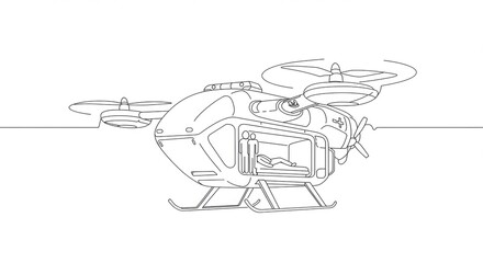 Futuristic medical drone helicopter airlifts patient with emergency care symbol in clean outline design for rapid medical transport innovation