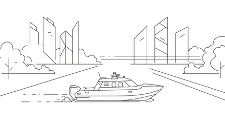 Sleek motorboat speeds across calm water with modern city skyline and fluffy clouds in clean minimalist line art style