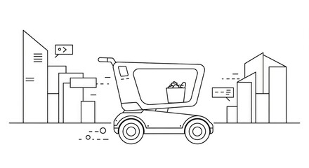 Innovative autonomous shopping cart delivering groceries through modern city landscape, symbolizing future retail and convenience