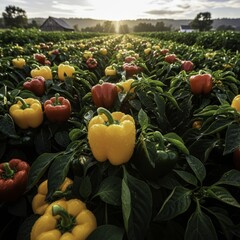 Vibrant Red and Yellow Peppers Glistening with Dew in a Bountiful Farm Field Under Golden Sunrise Light