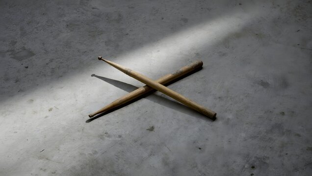 Crossed drumsticks on a stage floor symbolizing the raw energy and passion of women in punk music and protest movements - Powered by Adobe