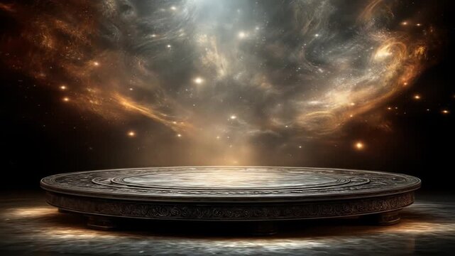 Abstract cosmic scene with empty platform and glowing nebulae background