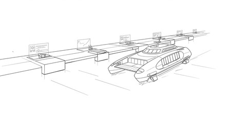 Sleek futuristic hydrofoil vessel docking at a modern terminal with interactive display screens showcasing travel information and destination options