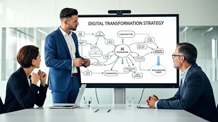 Business professionals collaborate on digital transformation strategy during an executive meeting in a modern corporate office setting - Powered by Adobe