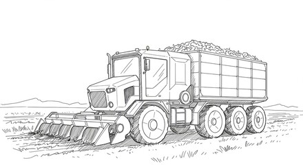 Powerful agricultural harvester diligently collecting crops in a vast field, ready for efficient transport and processing for modern farming operations.