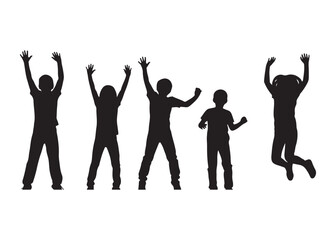 Vector art of silhouette of a group of children jumping and raising hands